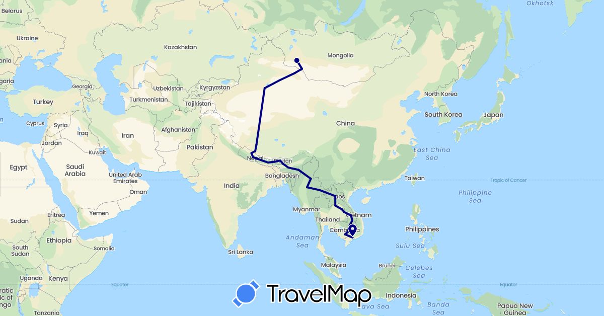 TravelMap itinerary: driving in Bhutan, China, India, Cambodia, Laos, Myanmar (Burma), Mongolia, Nepal, Thailand, Vietnam (Asia)